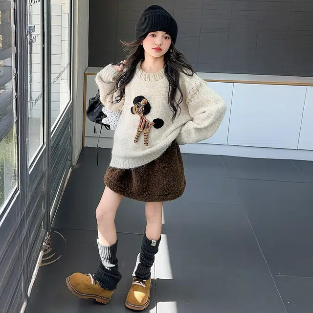 帕兰朵毛衣 女童休闲时尚百搭针织衫秋冬款女中大童时髦儿童韩系圆领宽松洋气线衣 青少年