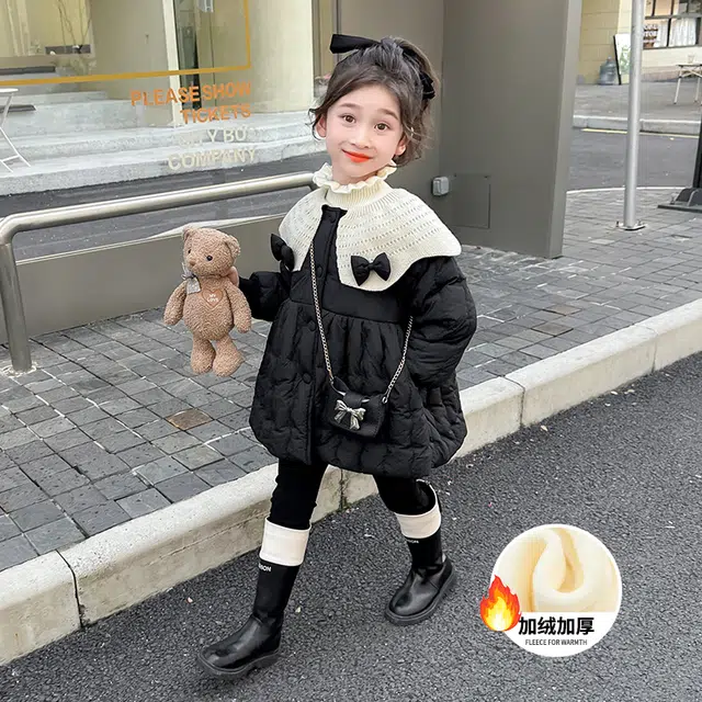 帕兰朵棉衣 女童蝴蝶结加绒棉服冬款儿童韩版外套女宝宝保暖 中小童