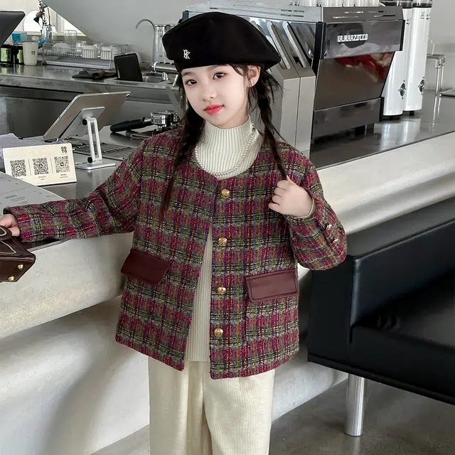帕兰朵儿童上装 女童披风小香风外套秋冬款洋气时髦女孩子加厚夹棉格子上衣冬装潮 青少年