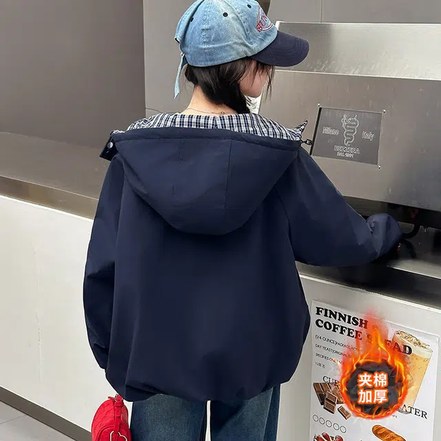 帕兰朵儿童上装 女童时尚潮流休闲冬季外套女孩儿藏青小熊拼色夹棉连帽上衣中大童百搭立领美式 儿童款