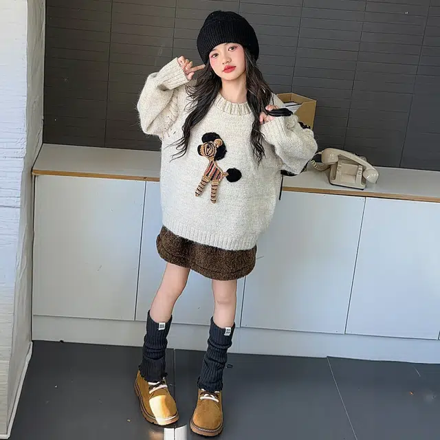 帕兰朵毛衣 女童休闲时尚百搭针织衫秋冬款女中大童时髦儿童韩系圆领宽松洋气线衣 青少年