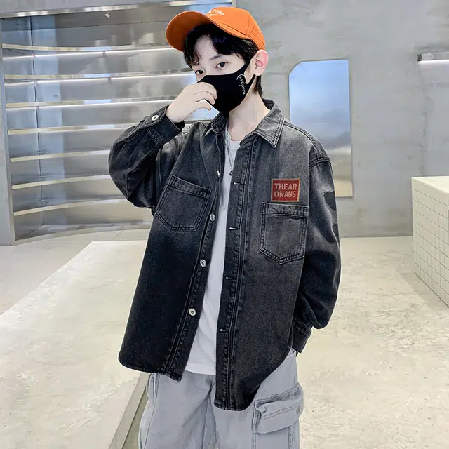 帕兰朵 潮流洋气韩版渐变拼色印花外套渐变儿童牛仔衬衫 春秋 青少年