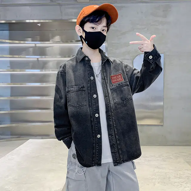 帕兰朵 潮流洋气韩版渐变拼色印花外套渐变儿童牛仔衬衫 春秋 青少年
