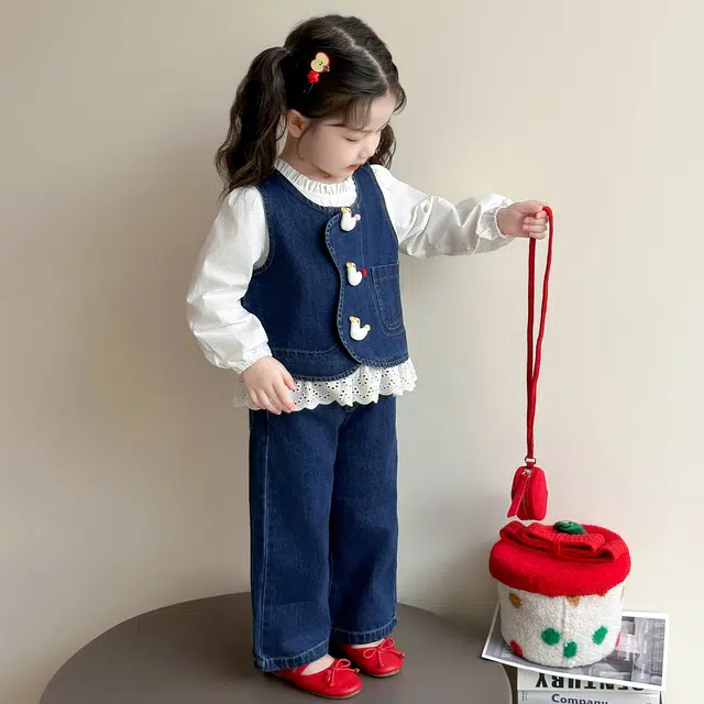 帕兰朵休闲运动套装 潮流时尚百搭可爱风鸭子牛仔马甲三件套 中小童