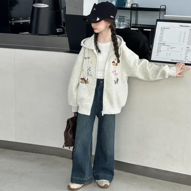 帕兰朵儿童上装 女童秋冬季时尚潮流百搭休闲外套女孩小狗加厚保暖拉链衫洋气上衣连帽潮 青少年