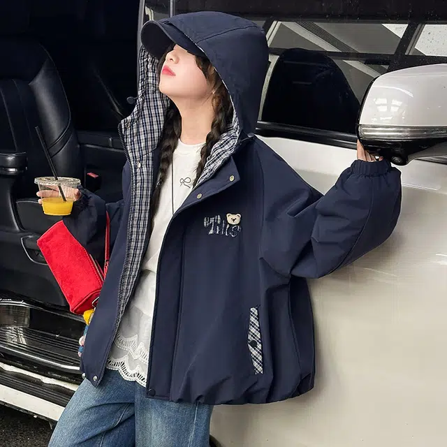 帕兰朵儿童上装 女童时尚潮流休闲冬季外套女孩儿藏青小熊拼色夹棉连帽上衣中大童百搭立领美式 儿童款