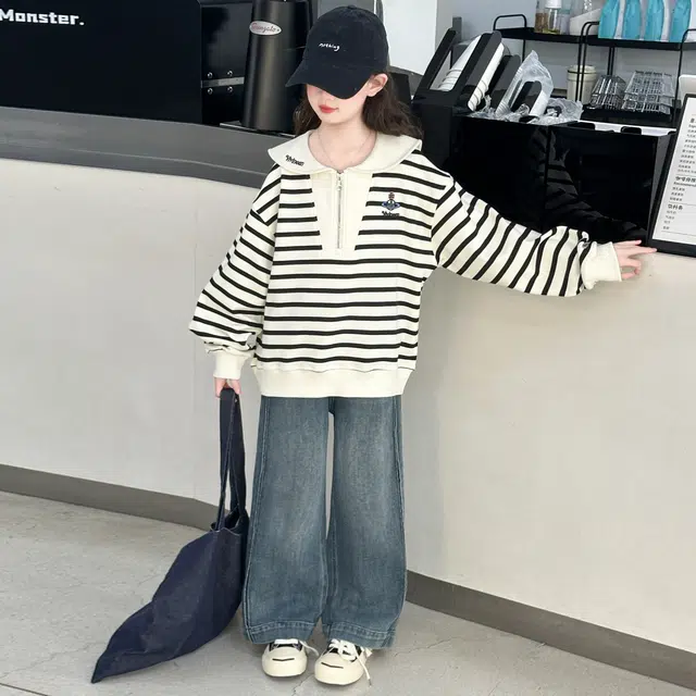 帕兰朵休闲运动套装 潮流时尚宽松百搭条纹牛仔两件套 青少年