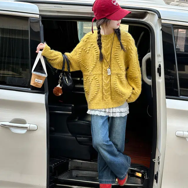 帕兰朵毛衣 女童时尚潮流百搭元气慵懒风中长款加厚针织衫麻花黄色针织衣女秋冬季软糯宽松外穿套头圆领上衣 青少年