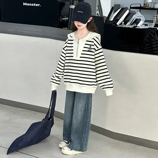 帕兰朵休闲运动套装 潮流时尚宽松百搭条纹牛仔两件套 青少年