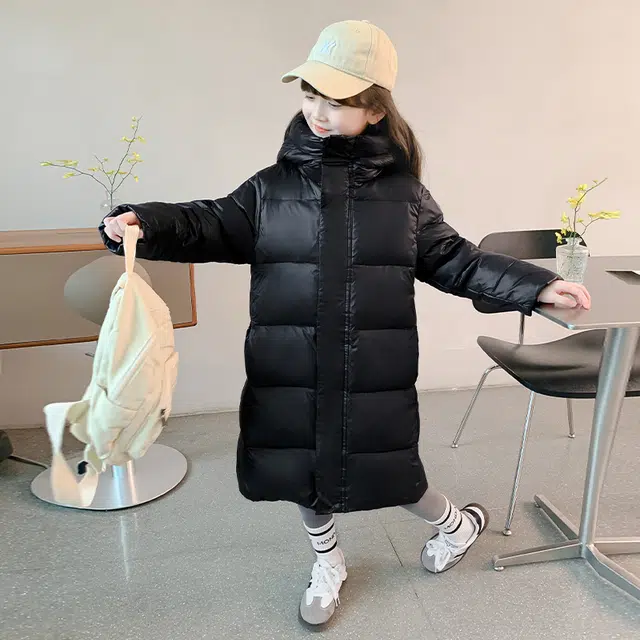 帕兰朵棉衣 女大童时髦舒适保暖黑金长款棉服韩版冬装洋气小女孩加厚百搭连帽 青少年