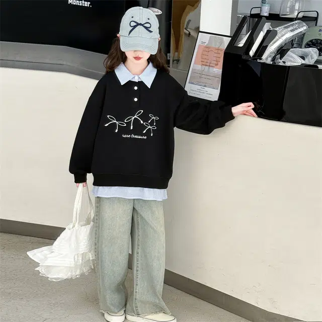 帕兰朵卫衣 女童时尚潮流百搭休闲秋季中大童洋气假两件绣花宽松衬衫领衣服潮 儿童款