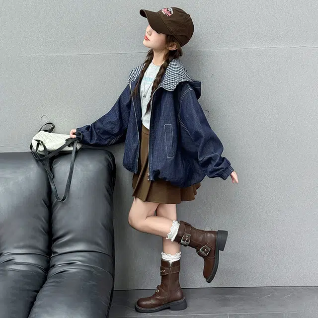 帕兰朵上装 潮流时尚百搭休闲运动格子连帽牛仔外套 青少年