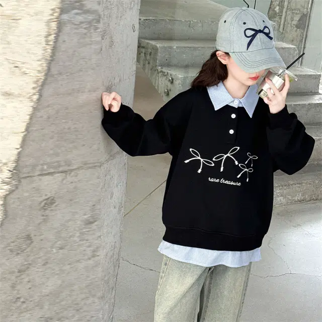 帕兰朵卫衣 女童时尚潮流百搭休闲秋季中大童洋气假两件绣花宽松衬衫领衣服潮 儿童款