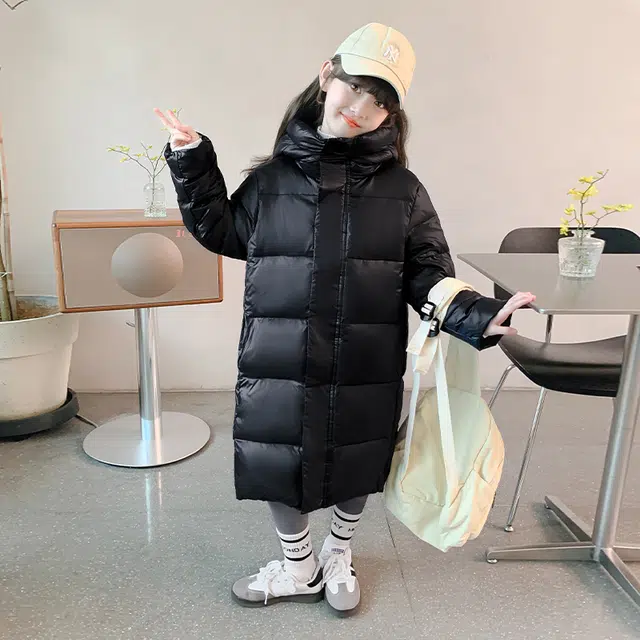 帕兰朵棉衣 女大童时髦舒适保暖黑金长款棉服韩版冬装洋气小女孩加厚百搭连帽 青少年