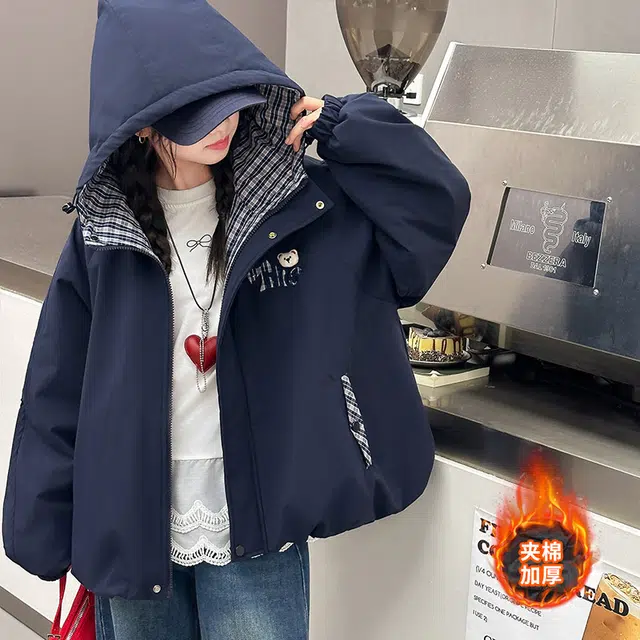 帕兰朵儿童上装 女童时尚潮流休闲冬季外套女孩儿藏青小熊拼色夹棉连帽上衣中大童百搭立领美式 儿童款