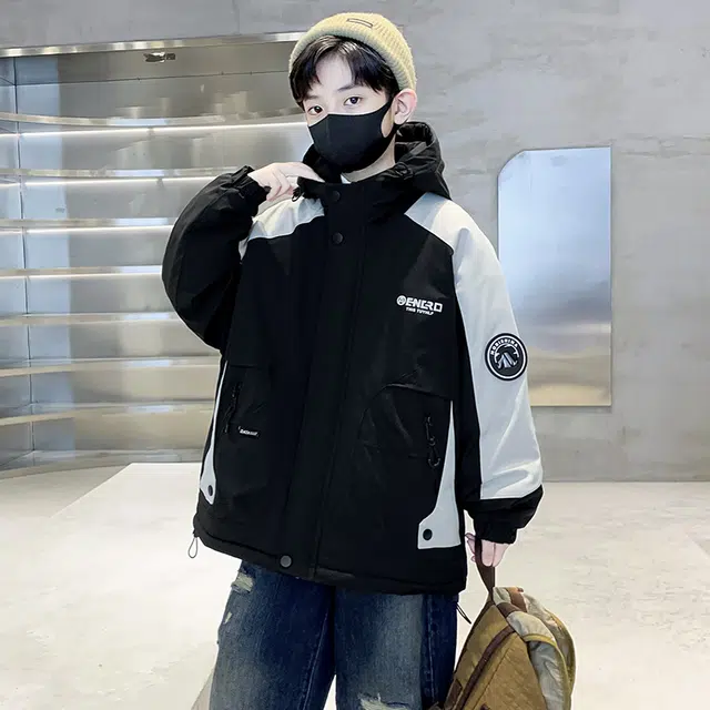 帕兰朵派克服 男童冬季夹棉外套大儿童装洋气加厚保暖字母连帽风衣冬款 青少年