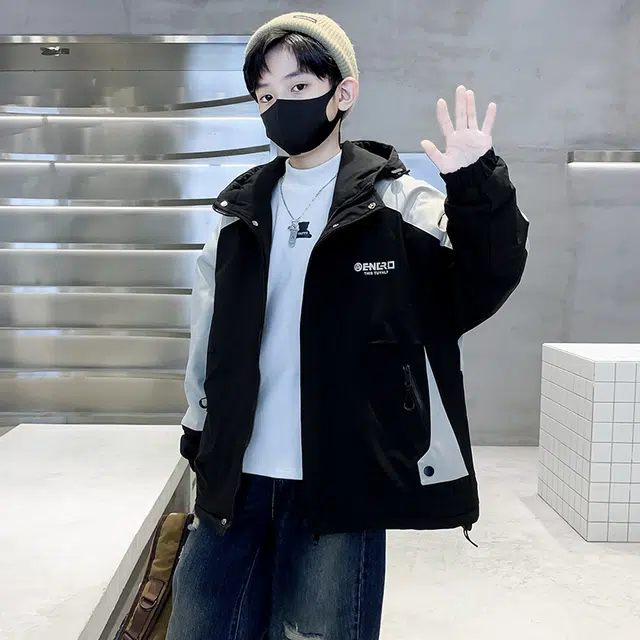 帕兰朵派克服 男童冬季夹棉外套大儿童装洋气加厚保暖字母连帽风衣冬款 青少年