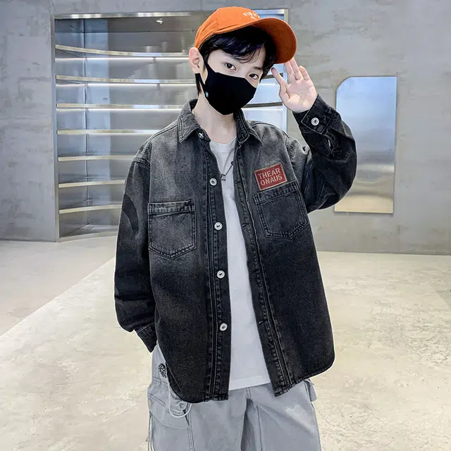 帕兰朵 潮流洋气韩版渐变拼色印花外套渐变儿童牛仔衬衫 春秋 青少年