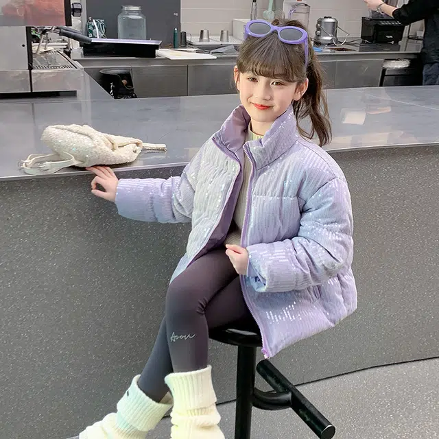 帕兰朵棉衣 女童时髦百搭潮酷保暖棉服冬季洋气中大童女孩棉袄冬装加厚亮片外套潮 青少年