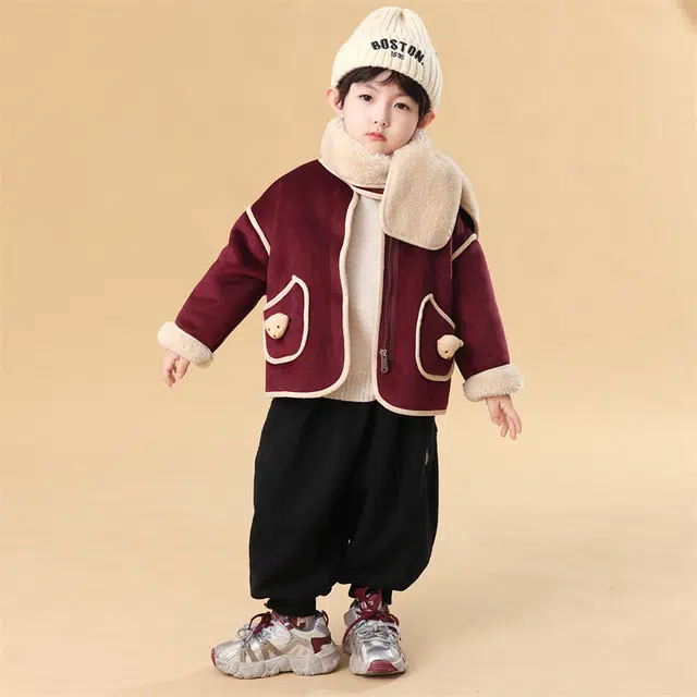帕兰朵夹克 男女童蓄热保暖外套秋冬款儿童可机洗毛呢围巾大衣韩范痞帅潮 中小童