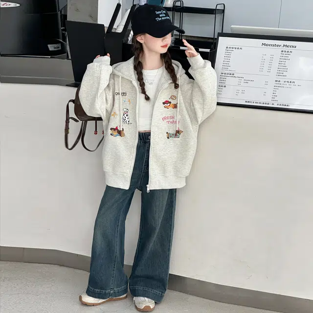 帕兰朵儿童上装 女童秋冬季时尚潮流百搭休闲外套女孩小狗加厚保暖拉链衫洋气上衣连帽潮 青少年