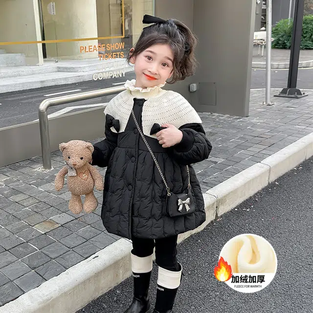 帕兰朵棉衣 女童蝴蝶结加绒棉服冬款儿童韩版外套女宝宝保暖 中小童