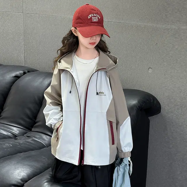 帕兰朵派克服 女童时尚潮流舒适简约春款外套洋气大儿童春秋时髦韩版休闲拼色连帽冲锋衣 青少年