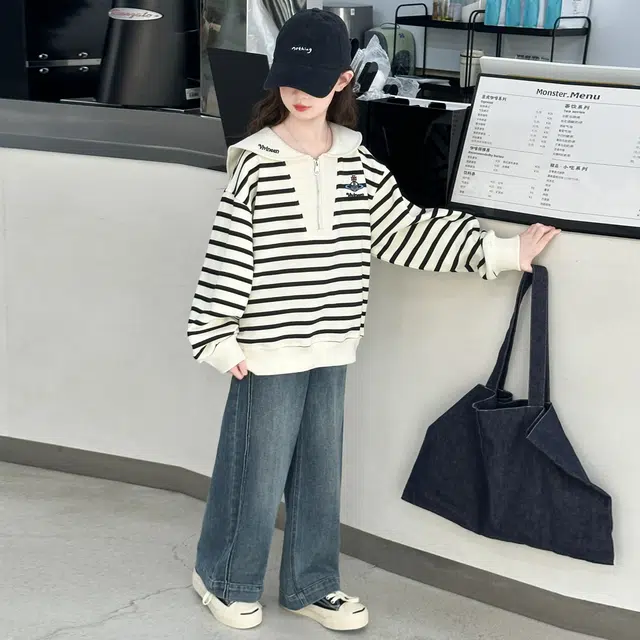 帕兰朵休闲运动套装 潮流时尚宽松百搭条纹牛仔两件套 青少年