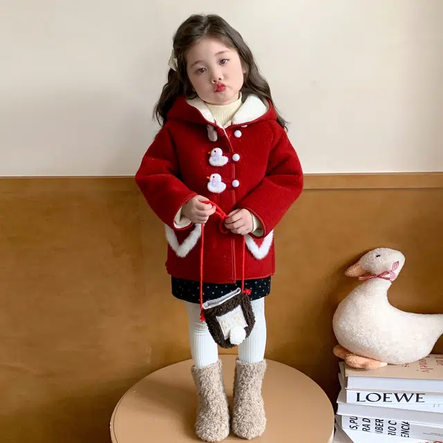 帕兰朵 女童时尚甜美百搭加绒加厚保暖小鸭子呢子外套冬季洋气女孩中长款宝宝冬装棉衣纯色常规款呢大衣 中小童