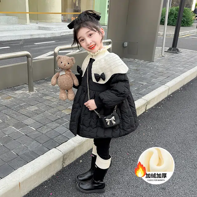 帕兰朵棉衣 女童蝴蝶结加绒棉服冬款儿童韩版外套女宝宝保暖 中小童