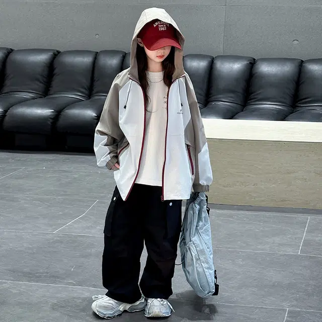 帕兰朵派克服 女童时尚潮流舒适简约春款外套洋气大儿童春秋时髦韩版休闲拼色连帽冲锋衣 青少年