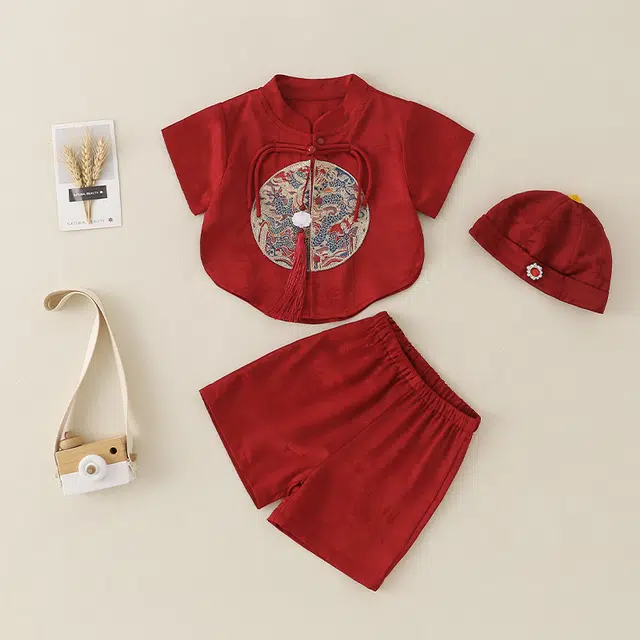 帕兰朵连体衣 婴儿衣服夏装中国风刺绣分体套装男女宝喜庆唐装满月百天周岁礼服 三件套