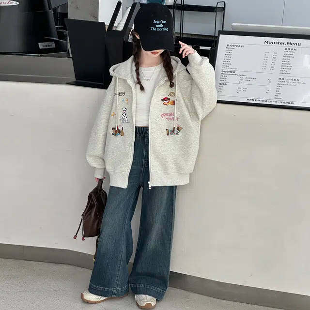 帕兰朵儿童上装 女童秋冬季时尚潮流百搭休闲外套女孩小狗加厚保暖拉链衫洋气上衣连帽潮 青少年