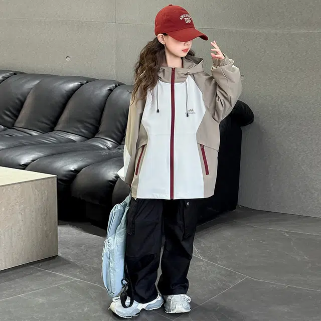 帕兰朵派克服 女童时尚潮流舒适简约春款外套洋气大儿童春秋时髦韩版休闲拼色连帽冲锋衣 青少年
