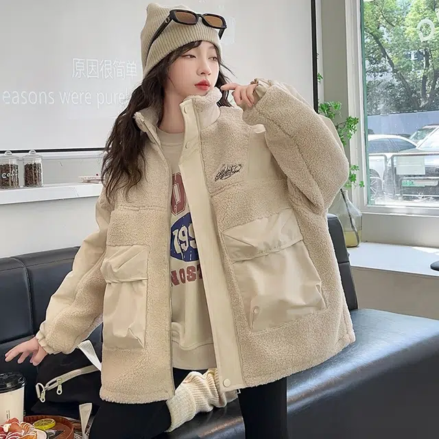 帕兰朵棉衣 女童夹棉外套秋冬款洋气儿童加厚拼接毛毛衣毛绒工装夹克 青少年