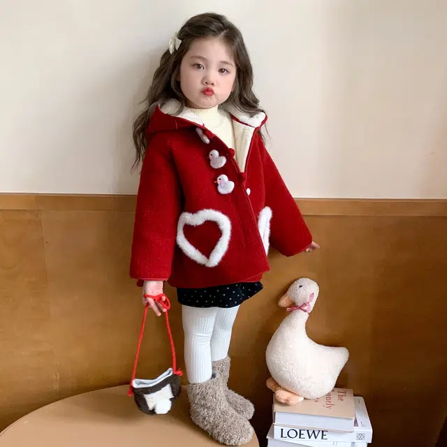 帕兰朵 女童时尚甜美百搭加绒加厚保暖小鸭子呢子外套冬季洋气女孩中长款宝宝冬装棉衣纯色常规款呢大衣 中小童