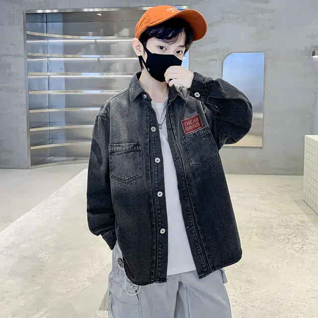 帕兰朵 潮流洋气韩版渐变拼色印花外套渐变儿童牛仔衬衫 春秋 青少年