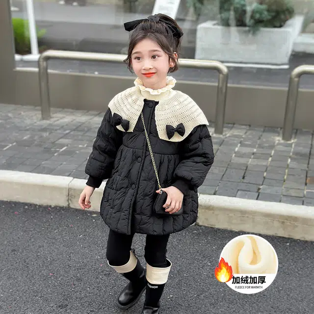 帕兰朵棉衣 女童蝴蝶结加绒棉服冬款儿童韩版外套女宝宝保暖 中小童