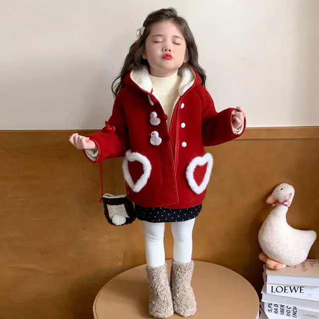 帕兰朵 女童时尚甜美百搭加绒加厚保暖小鸭子呢子外套冬季洋气女孩中长款宝宝冬装棉衣纯色常规款呢大衣 中小童