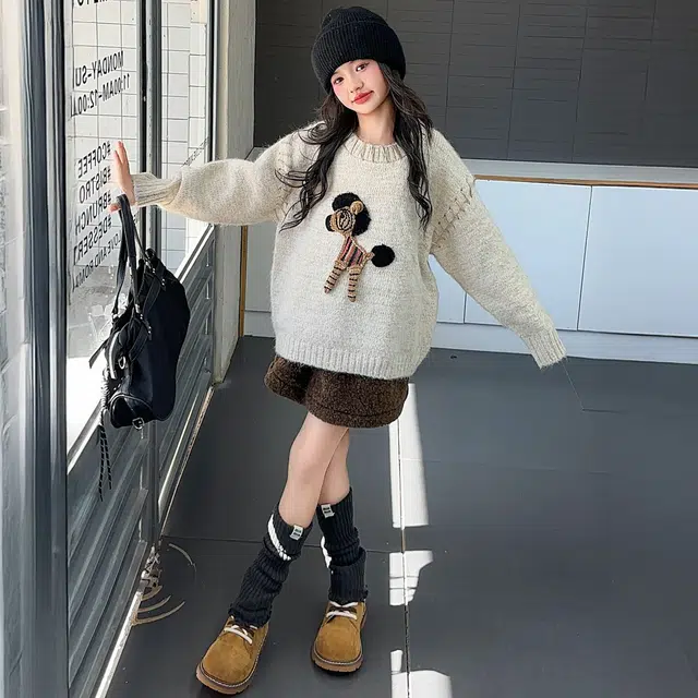 帕兰朵毛衣 女童休闲时尚百搭针织衫秋冬款女中大童时髦儿童韩系圆领宽松洋气线衣 青少年