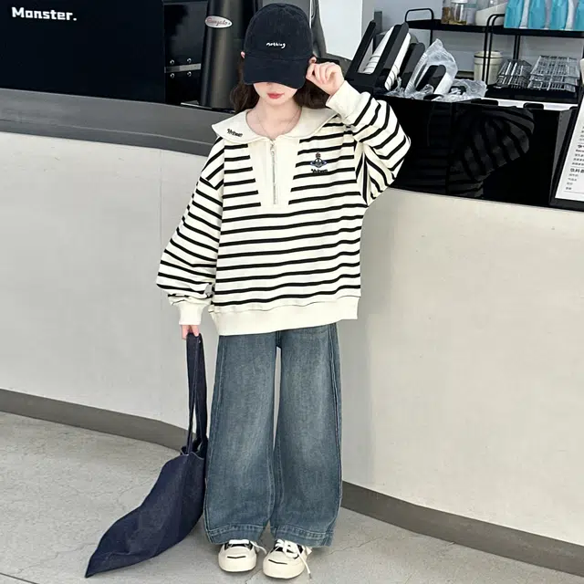 帕兰朵休闲运动套装 潮流时尚宽松百搭条纹牛仔两件套 青少年