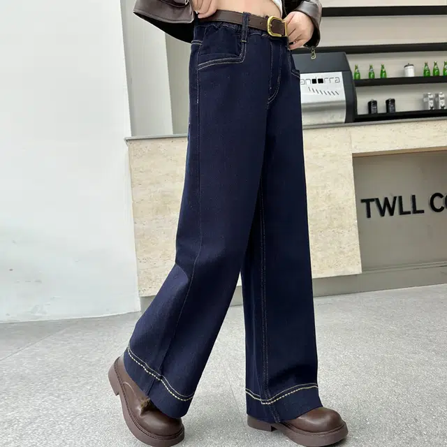 帕兰朵牛仔裤 女童高街个性潮流韩版直筒脚口绣花延边长裤女春秋款高腰显瘦显高阔腿拖地裤潮 青少年