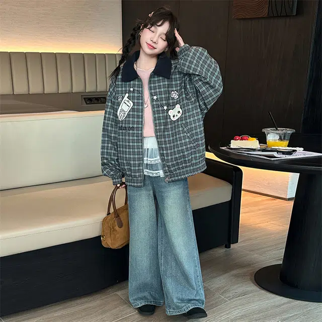帕兰朵儿童上装 女童时尚潮流百搭秋装棒球服外套韩系中大童时髦翻领卡通绣花格子 青少年