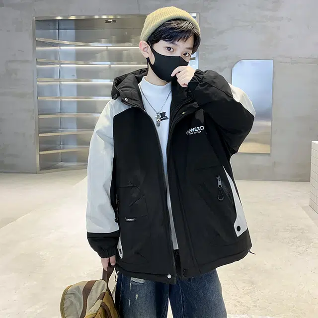 帕兰朵派克服 男童冬季夹棉外套大儿童装洋气加厚保暖字母连帽风衣冬款 青少年