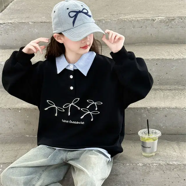 帕兰朵卫衣 女童时尚潮流百搭休闲秋季中大童洋气假两件绣花宽松衬衫领衣服潮 儿童款