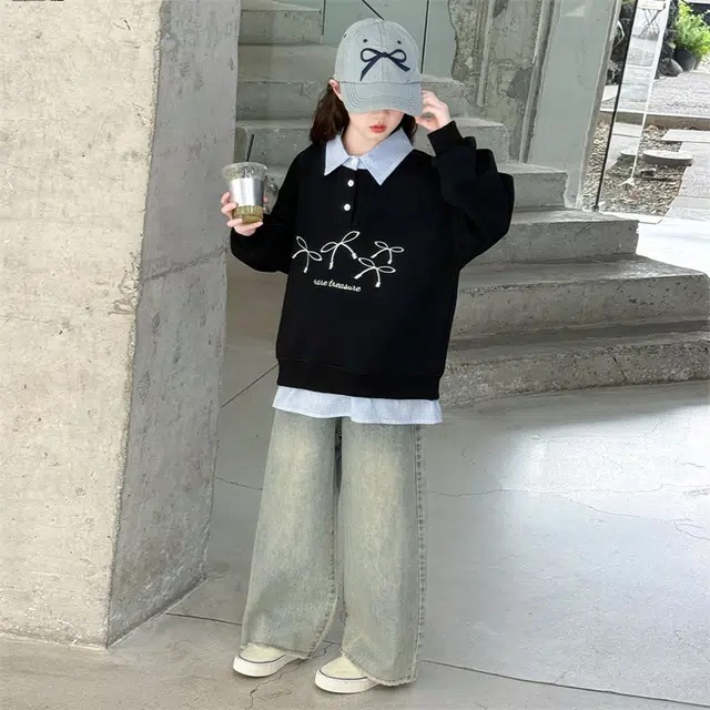 帕兰朵卫衣 女童时尚潮流百搭休闲秋季中大童洋气假两件绣花宽松衬衫领衣服潮 儿童款