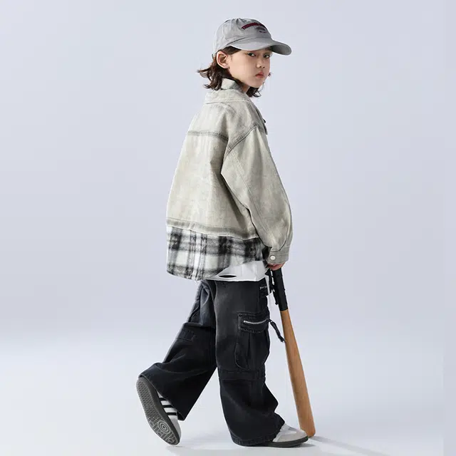 帕兰朵 潮流宽松舒适百搭假两件外套拼接儿童牛仔衬衫 春秋 青少年
