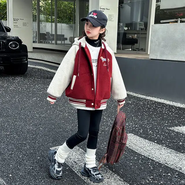 帕兰朵 棒球服 女童秋冬季时尚潮流百搭连帽单排扣夹棉加厚狗狗刺绣毛呢外套