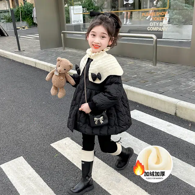 帕兰朵棉衣 女童蝴蝶结加绒棉服冬款儿童韩版外套女宝宝保暖 中小童