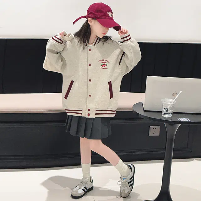 帕兰朵棒球服 女童春秋季洋气时尚字母草莓刺绣拼色外套 青少年